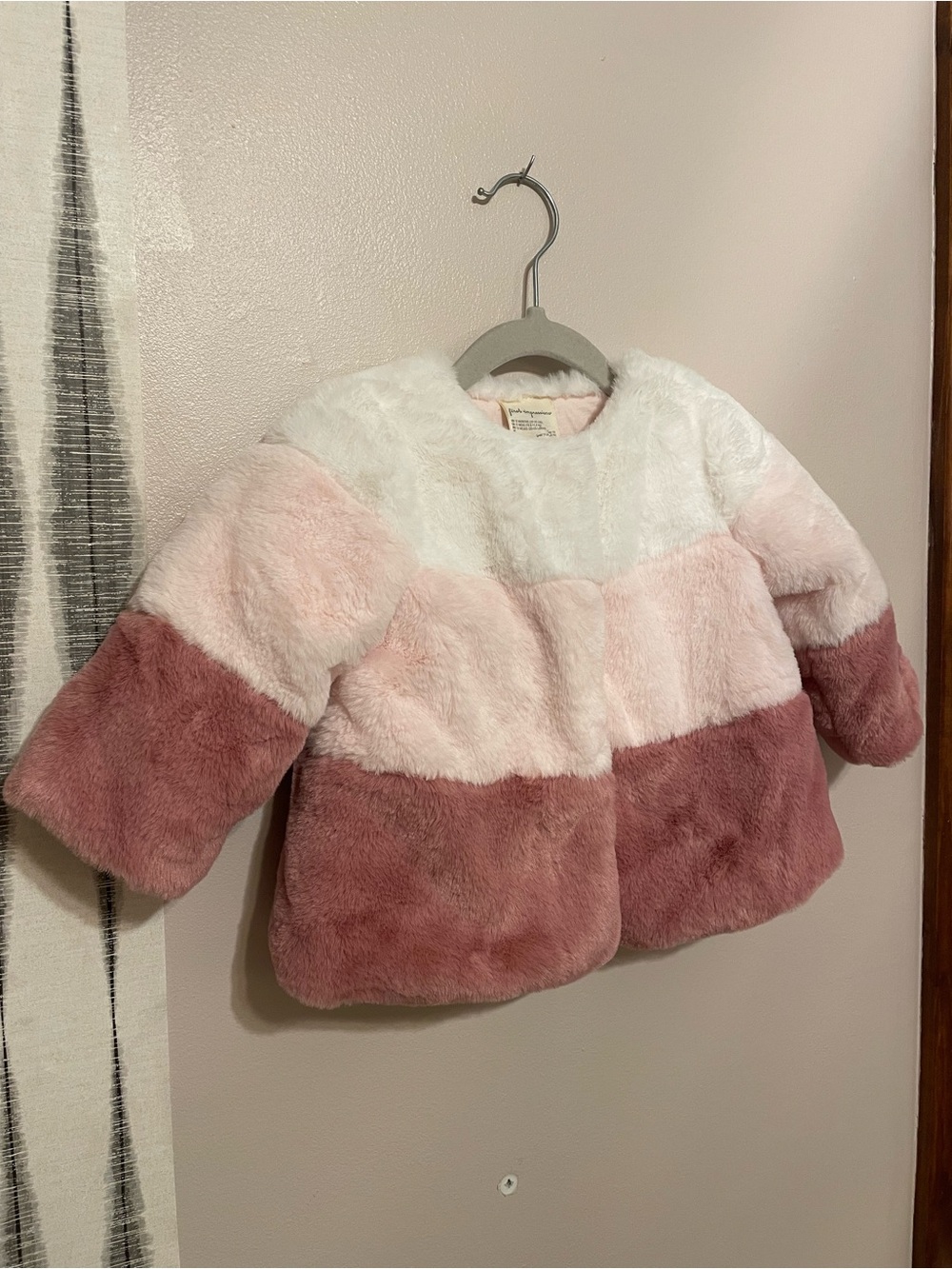 First Impressions Pink & White Faux Fur Colorblock Pea Coat
